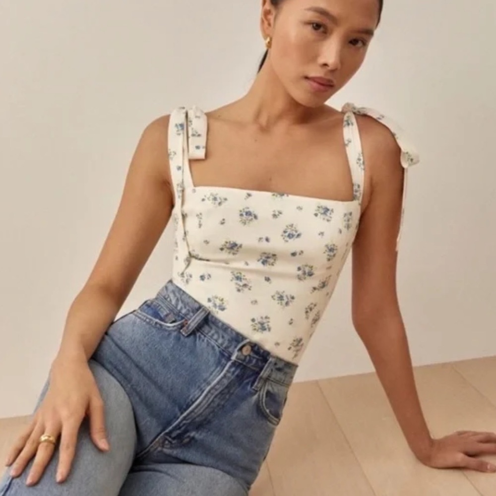 Reformation Ellora Floral Print shoulder tied tank